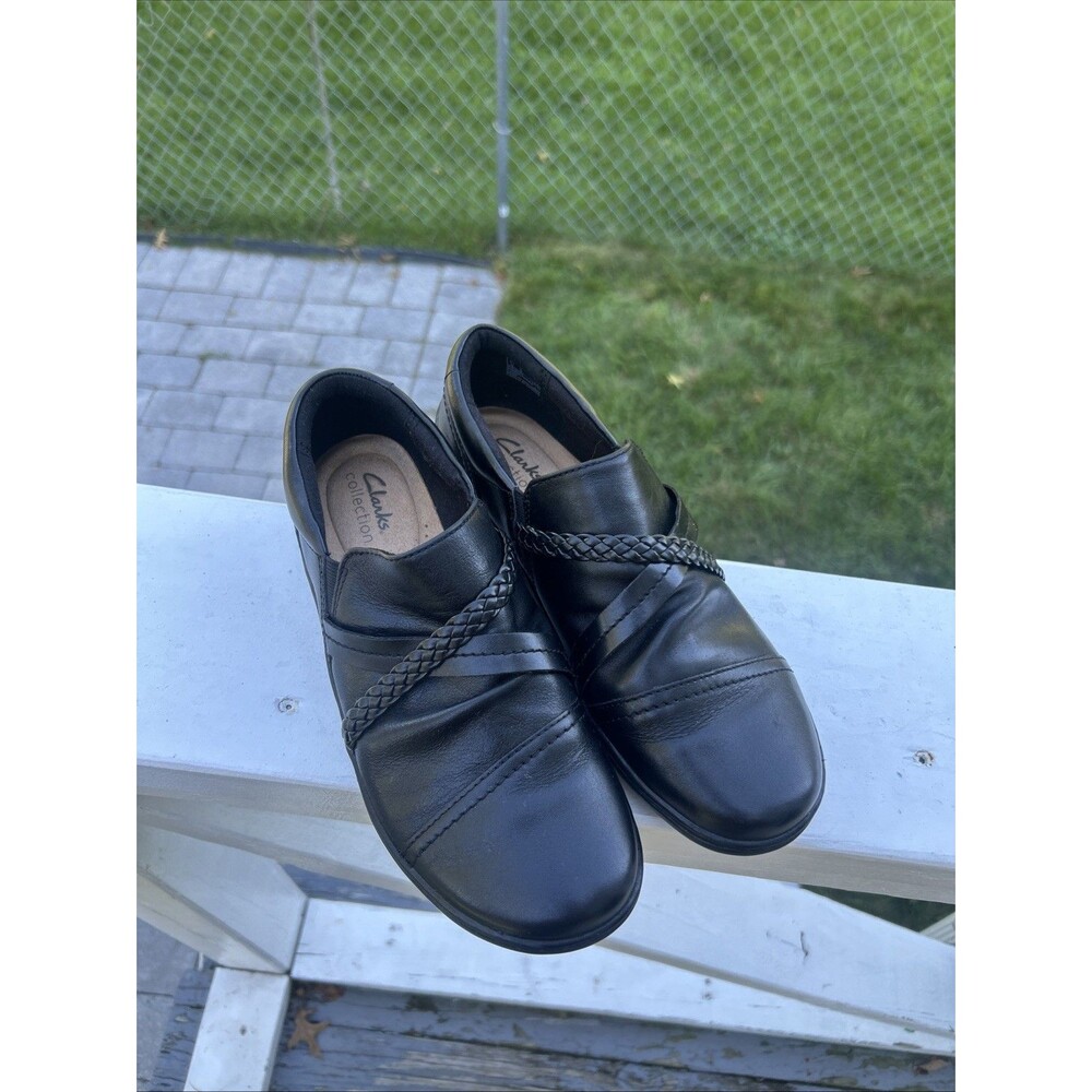 Clarks Collection Women’s Black Leather Slip-On Loafers Size 8 M Braided Detail